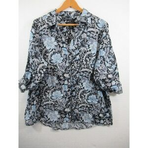 Tahari Linen Button Up Tunic Blouse Plus Size 1X Roll Tab Sleeve Floral